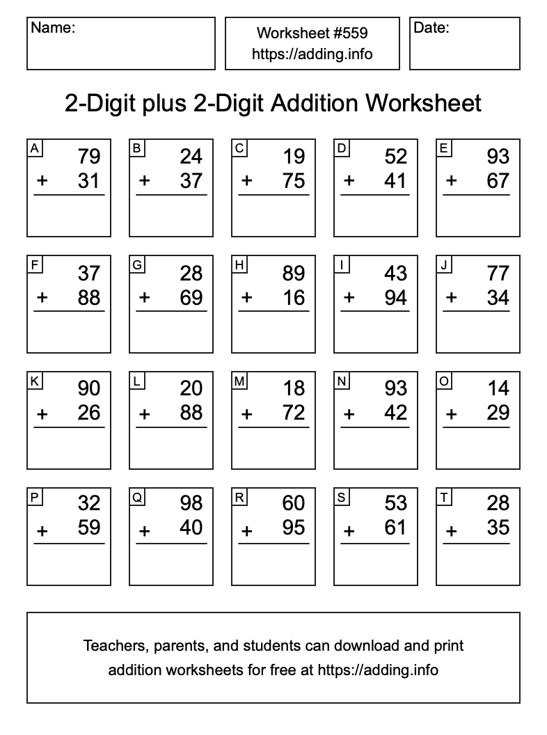 Addition Worksheet #559 (2-Digit plus 2-Digit)