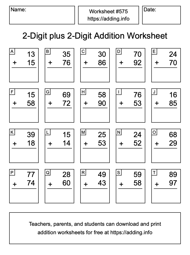 Addition Worksheet #575 (2-Digit plus 2-Digit)