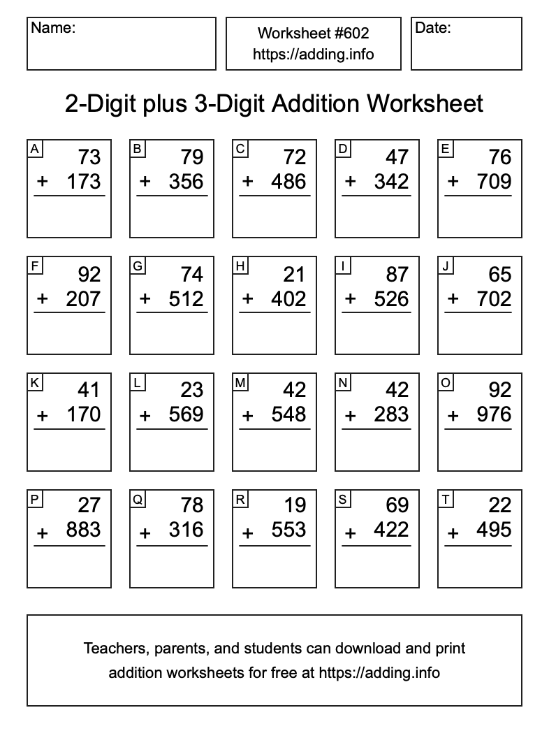 Addition Worksheet #602 (2-Digit plus 3-Digit)