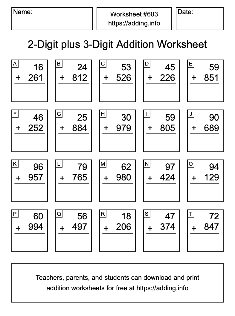 Addition Worksheet #603 (2-Digit plus 3-Digit)
