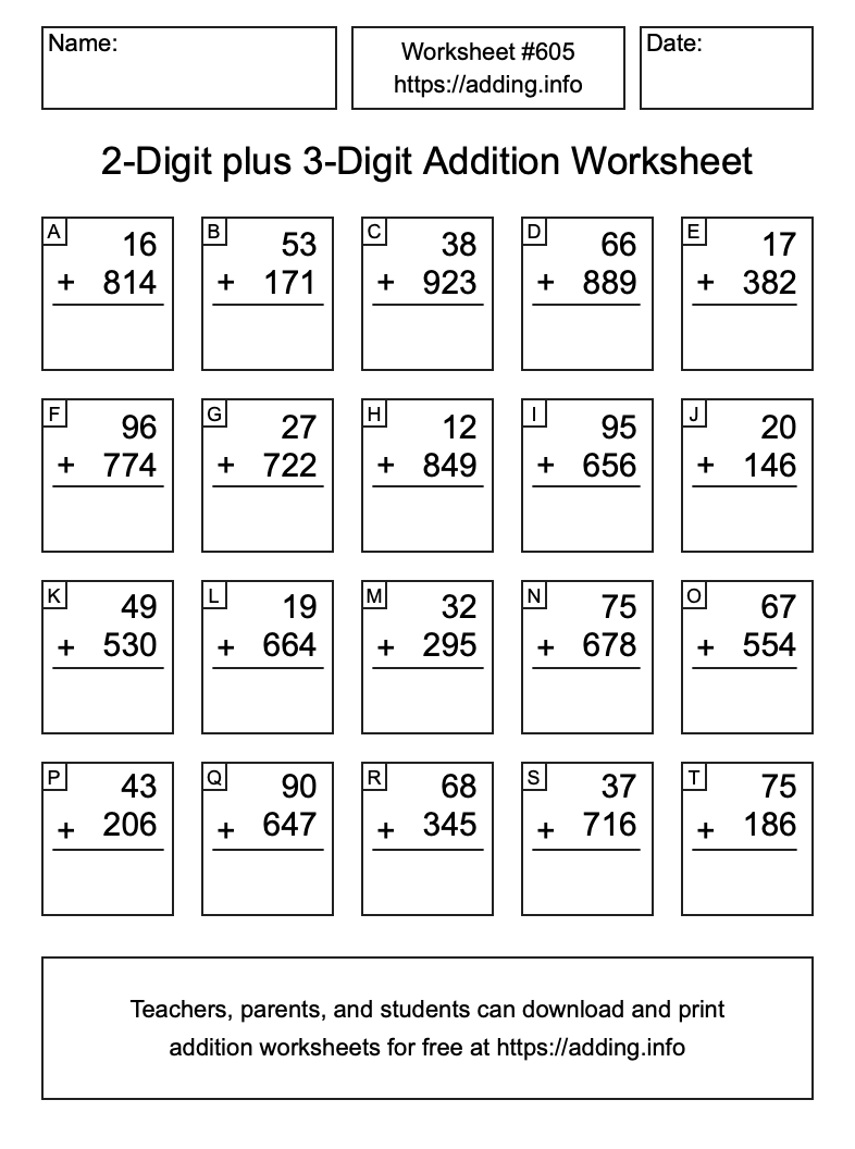 Addition Worksheet #605 (2-Digit plus 3-Digit)