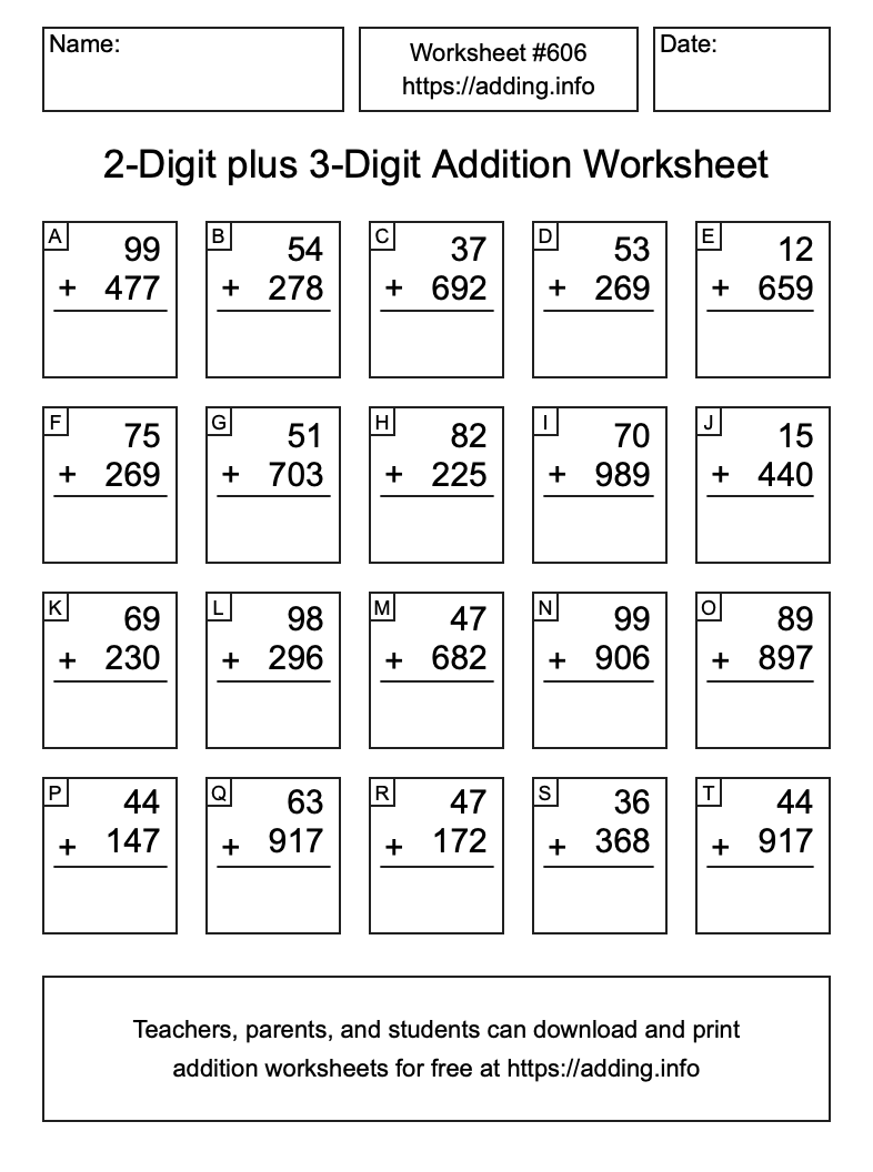 Addition Worksheet #606 (2-Digit plus 3-Digit)