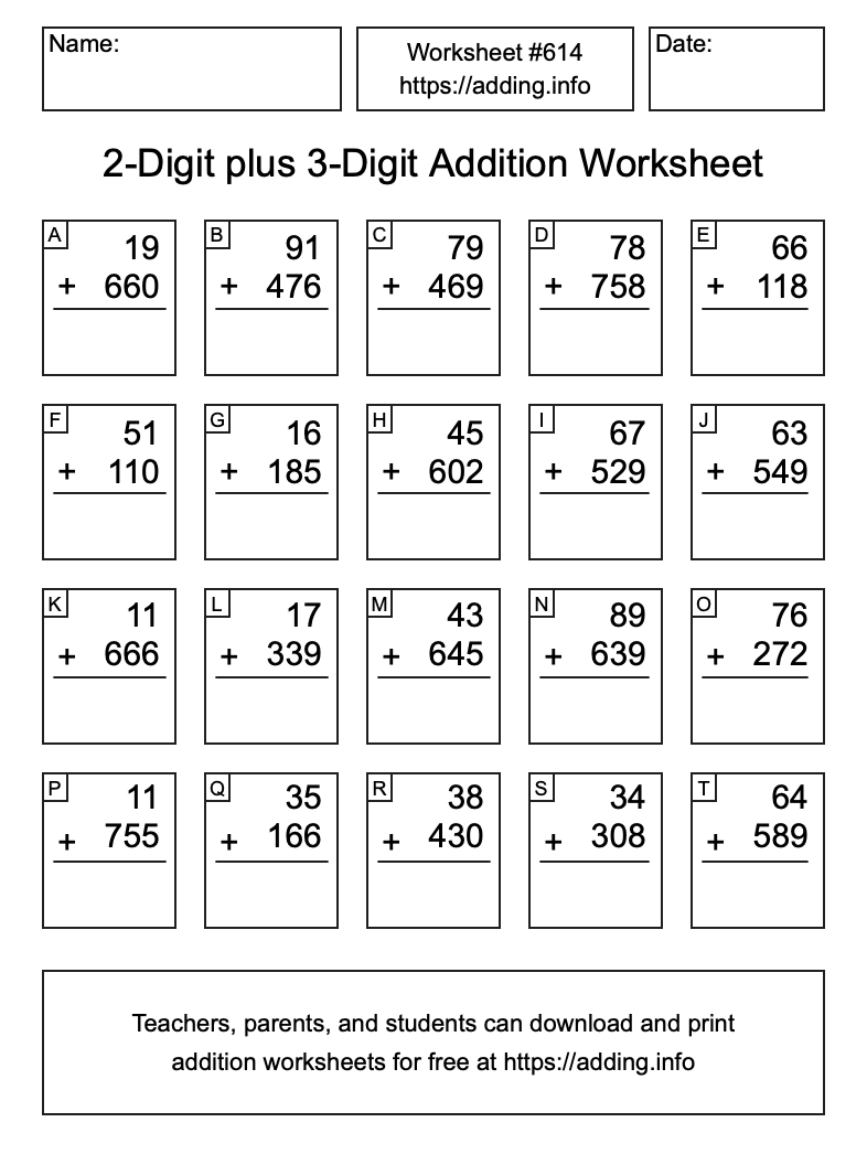 Addition Worksheet #614 (2-Digit plus 3-Digit)