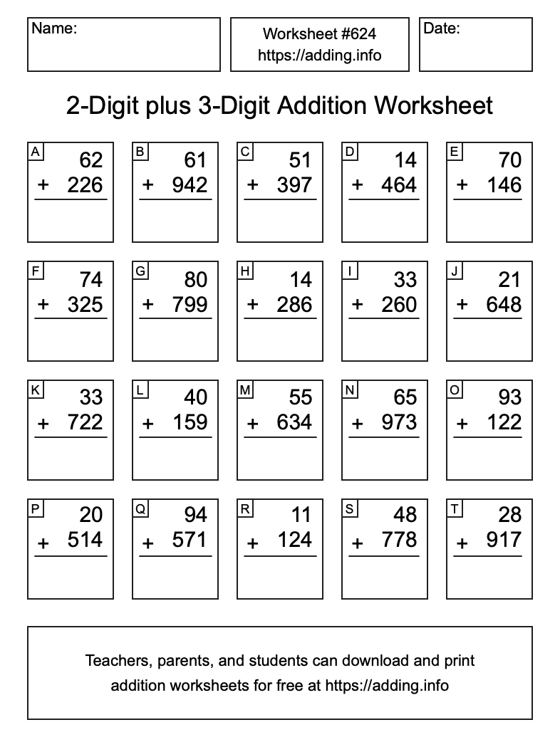 Addition Worksheet #624 (2-Digit plus 3-Digit)