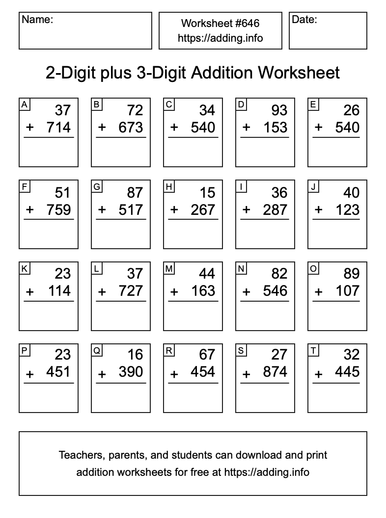 Addition Worksheet #646 (2-Digit plus 3-Digit)
