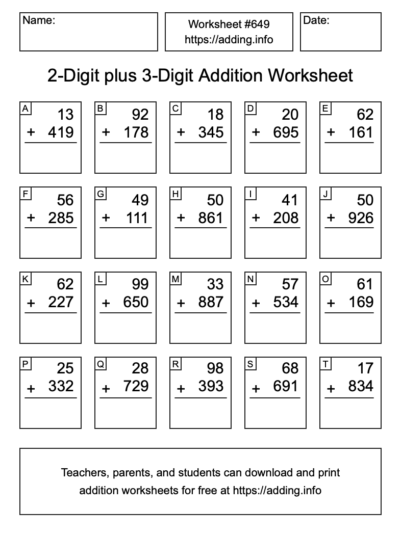Addition Worksheet #649 (2-Digit plus 3-Digit)