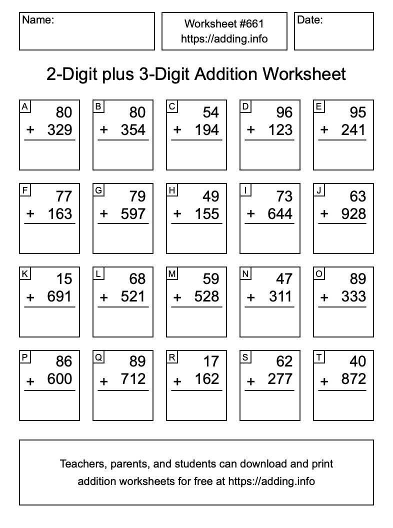 Addition Worksheet #661 (2-Digit plus 3-Digit)