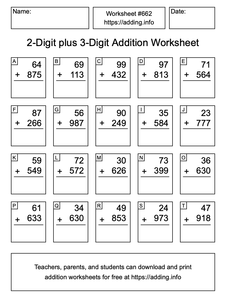 Addition Worksheet #662 (2-Digit plus 3-Digit)