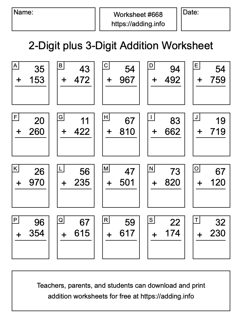 Addition Worksheet #668 (2-Digit plus 3-Digit)