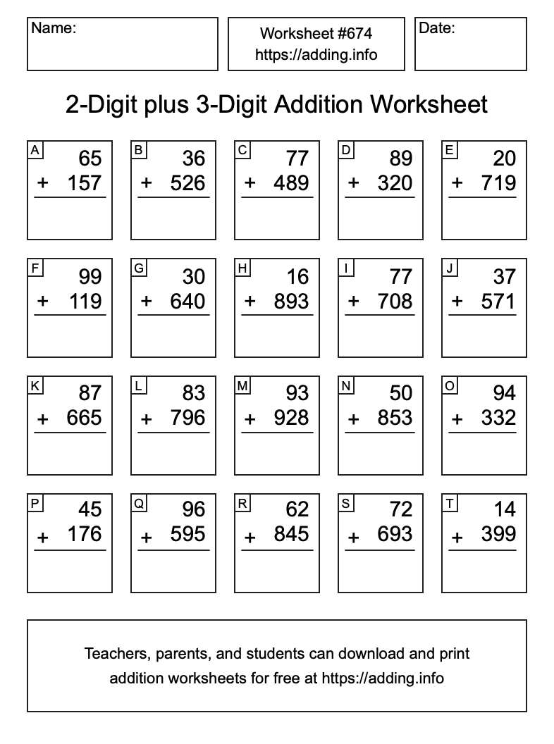 Addition Worksheet #674 (2-Digit plus 3-Digit)