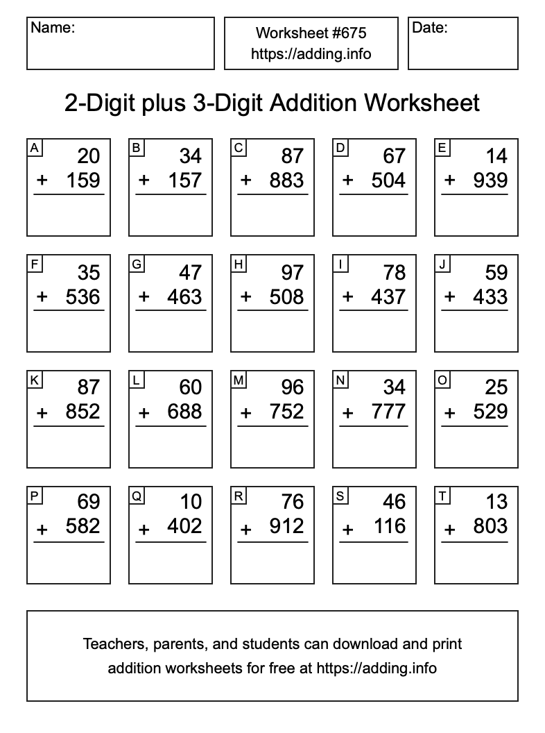 Addition Worksheet #675 (2-Digit plus 3-Digit)