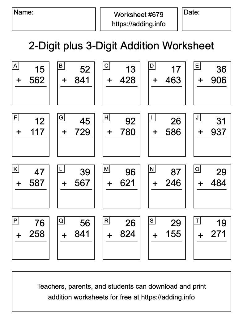 Addition Worksheet #679 (2-Digit plus 3-Digit)
