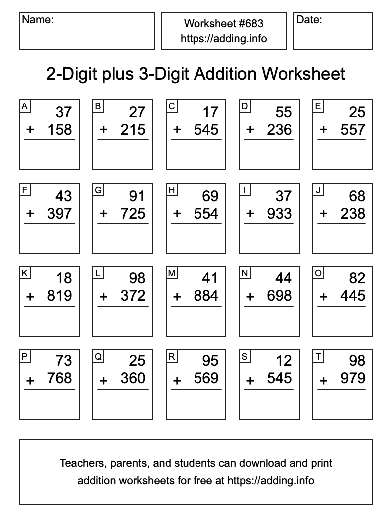 Addition Worksheet #683 (2-Digit plus 3-Digit)