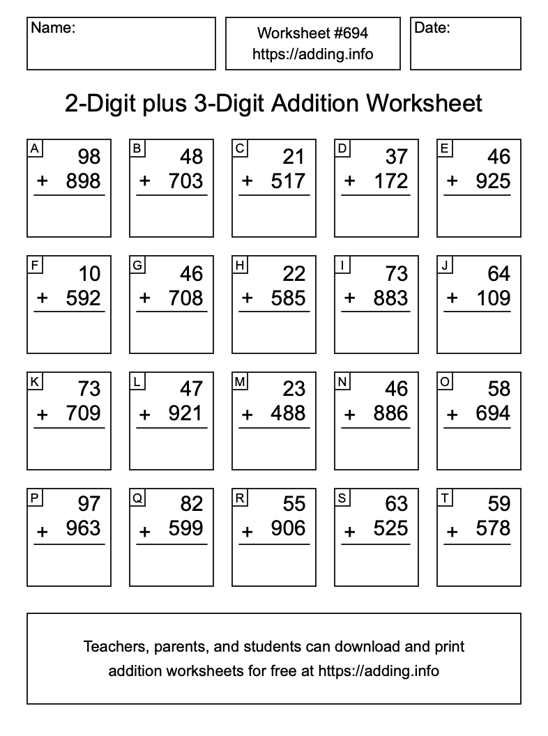 Addition Worksheet #694 (2-Digit plus 3-Digit)