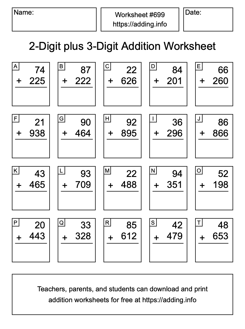 Addition Worksheet #699 (2-Digit plus 3-Digit)