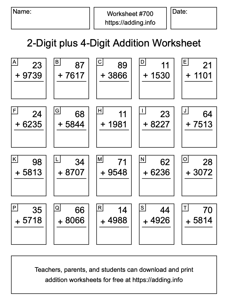 Addition Worksheet #700 (2-Digit plus 4-Digit)