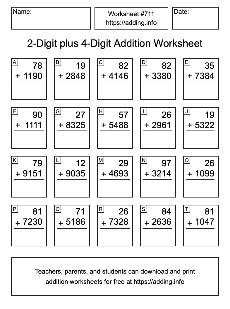Addition Worksheet #711 (2-Digit plus 4-Digit)