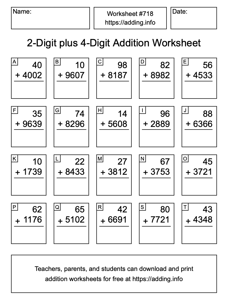 Addition Worksheet #718 (2-Digit plus 4-Digit)