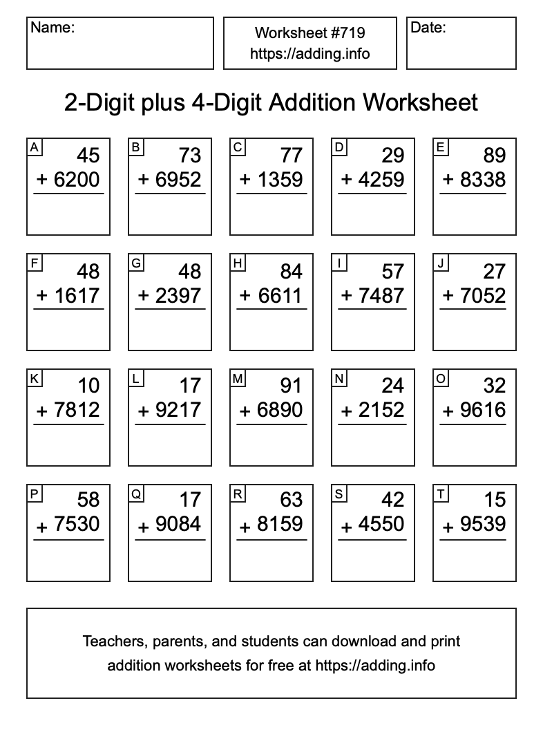 Addition Worksheet #719 (2-Digit plus 4-Digit)