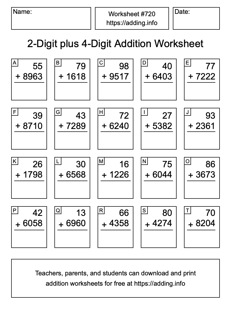 Addition Worksheet #720 (2-Digit plus 4-Digit)