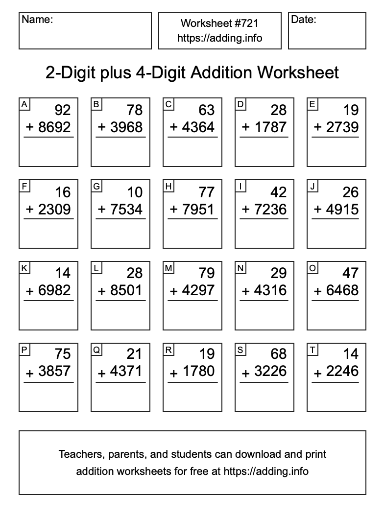 Addition Worksheet #721 (2-Digit plus 4-Digit)