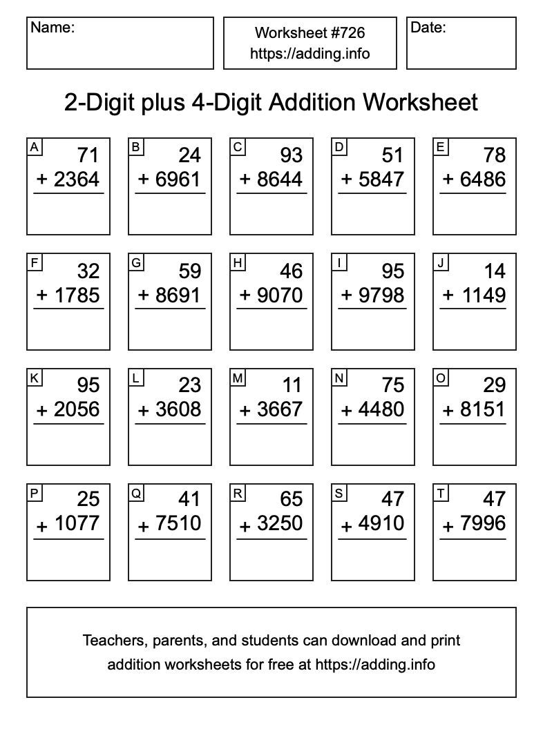 Addition Worksheet #726 (2-Digit plus 4-Digit)