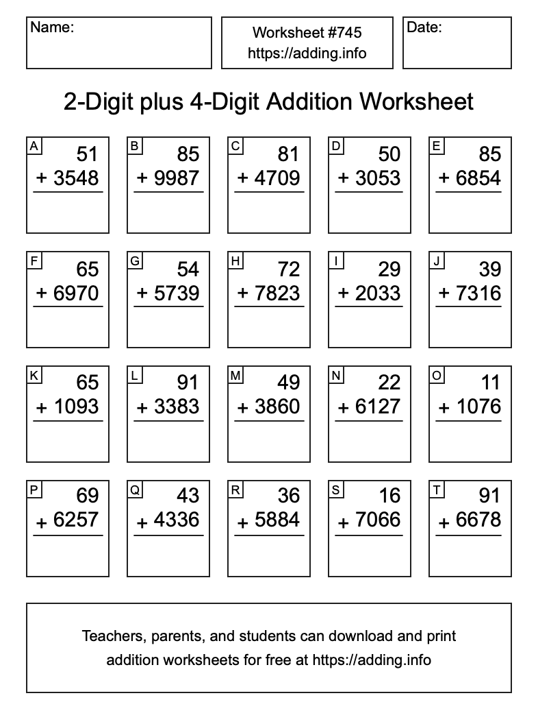 Addition Worksheet #745 (2-Digit plus 4-Digit)