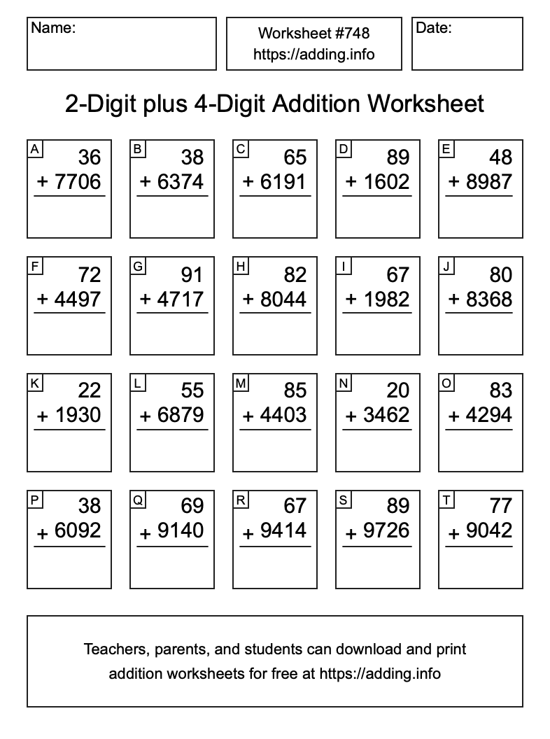 Addition Worksheet #748 (2-Digit plus 4-Digit)