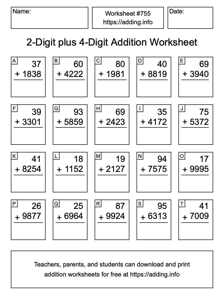 Addition Worksheet #755 (2-Digit plus 4-Digit)