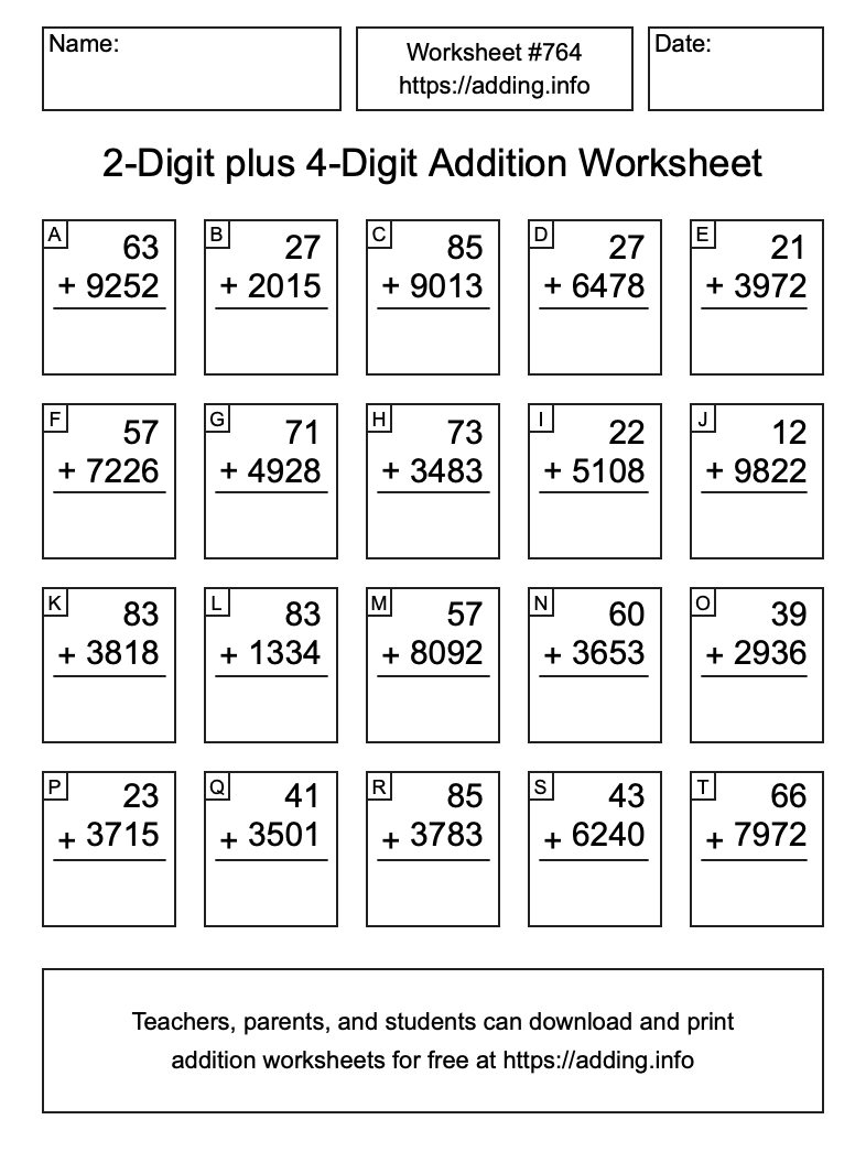 Addition Worksheet #764 (2-Digit plus 4-Digit)