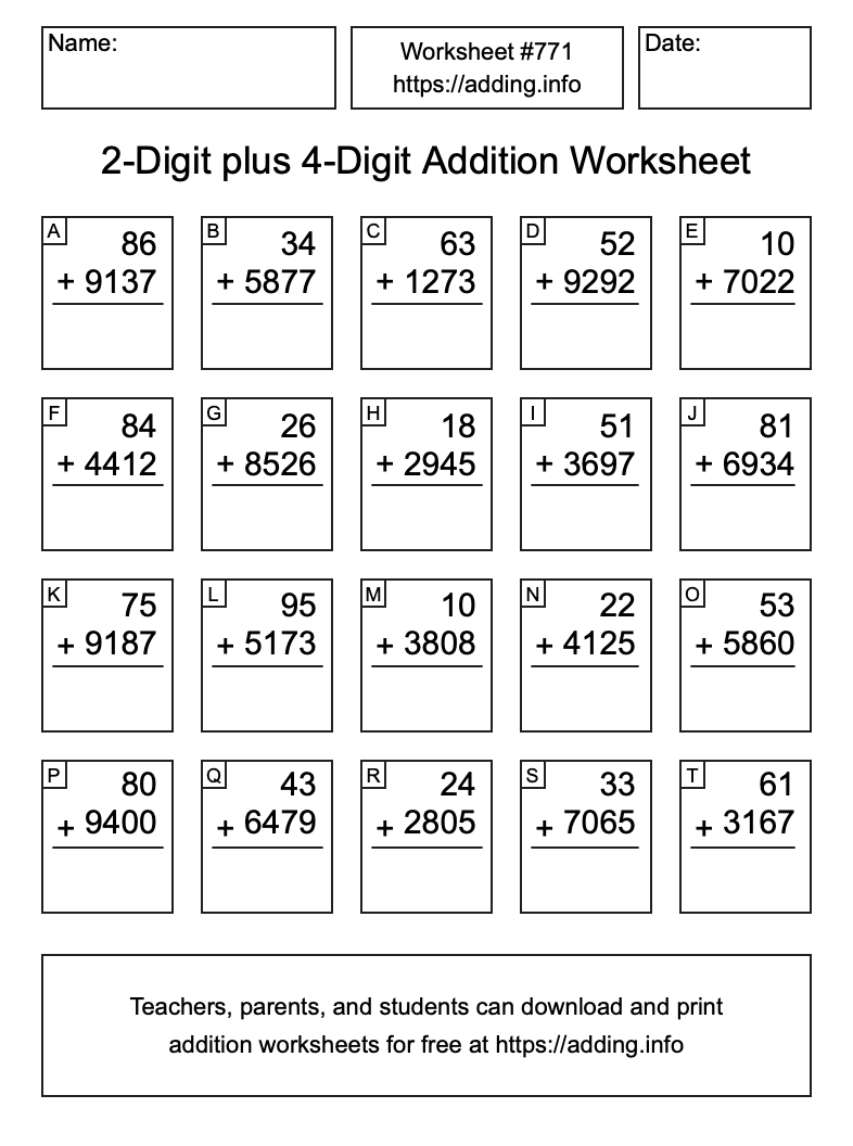 Addition Worksheet #771 (2-Digit plus 4-Digit)