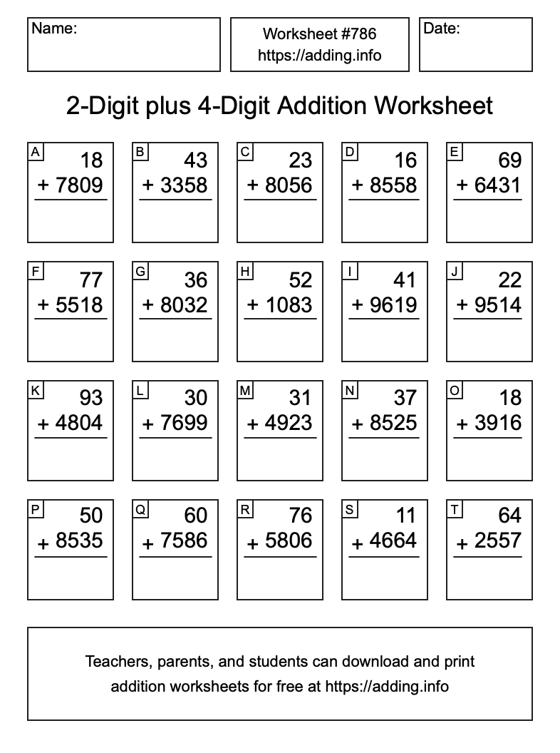 Addition Worksheet #786 (2-Digit plus 4-Digit)