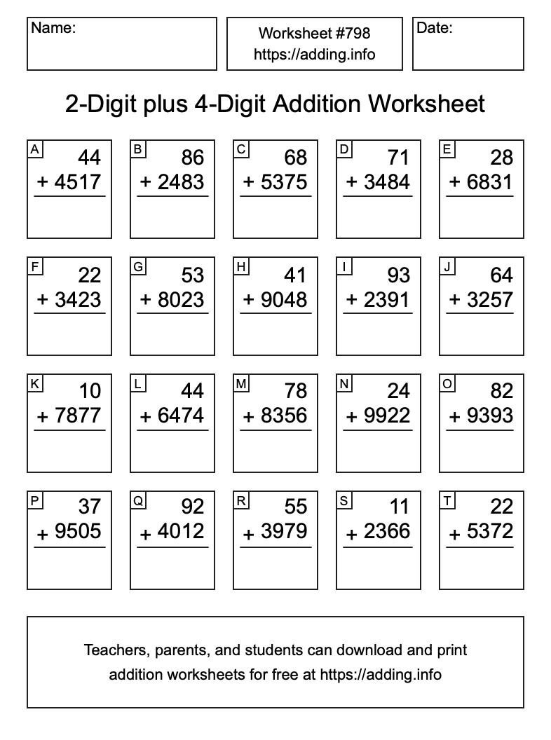 Addition Worksheet #798 (2-Digit plus 4-Digit)