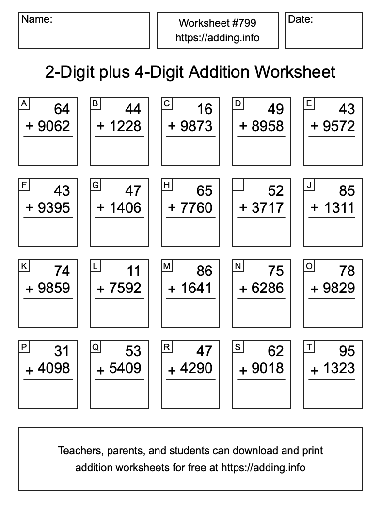 Addition Worksheet #799 (2-Digit plus 4-Digit)
