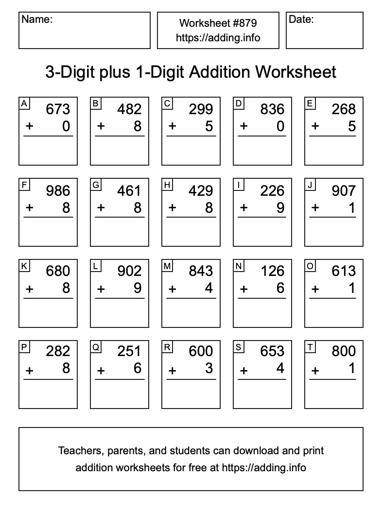 Addition Worksheet #879 (3-Digit plus 1-Digit)