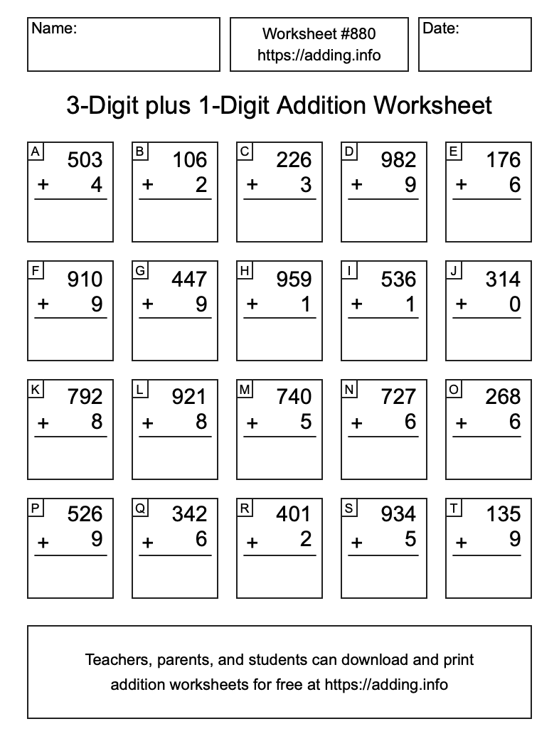 Addition Worksheet #880 (3-Digit plus 1-Digit)