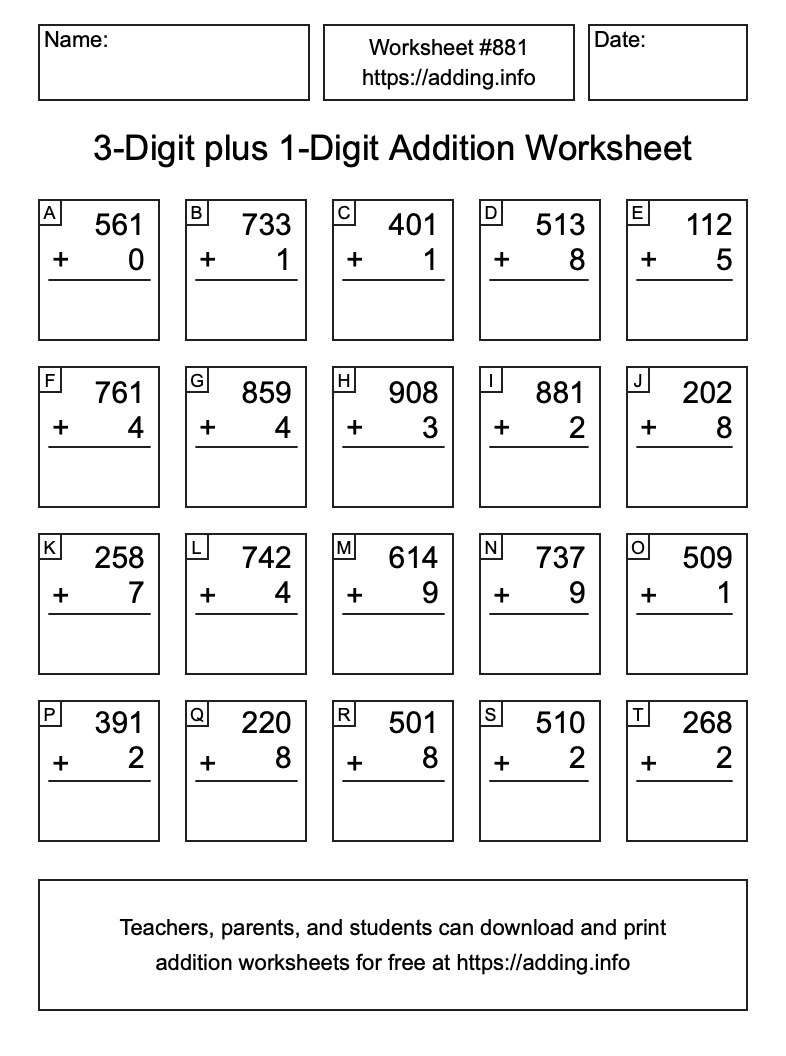 Addition Worksheet #881 (3-Digit plus 1-Digit)