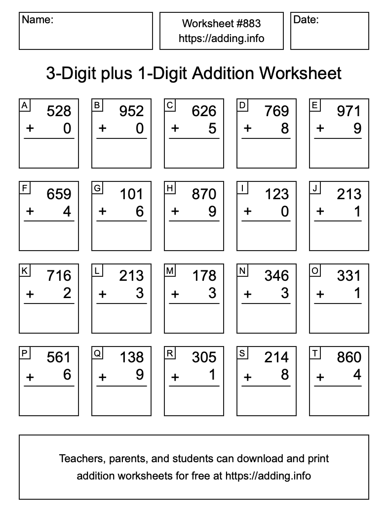 Addition Worksheet #883 (3-Digit plus 1-Digit)