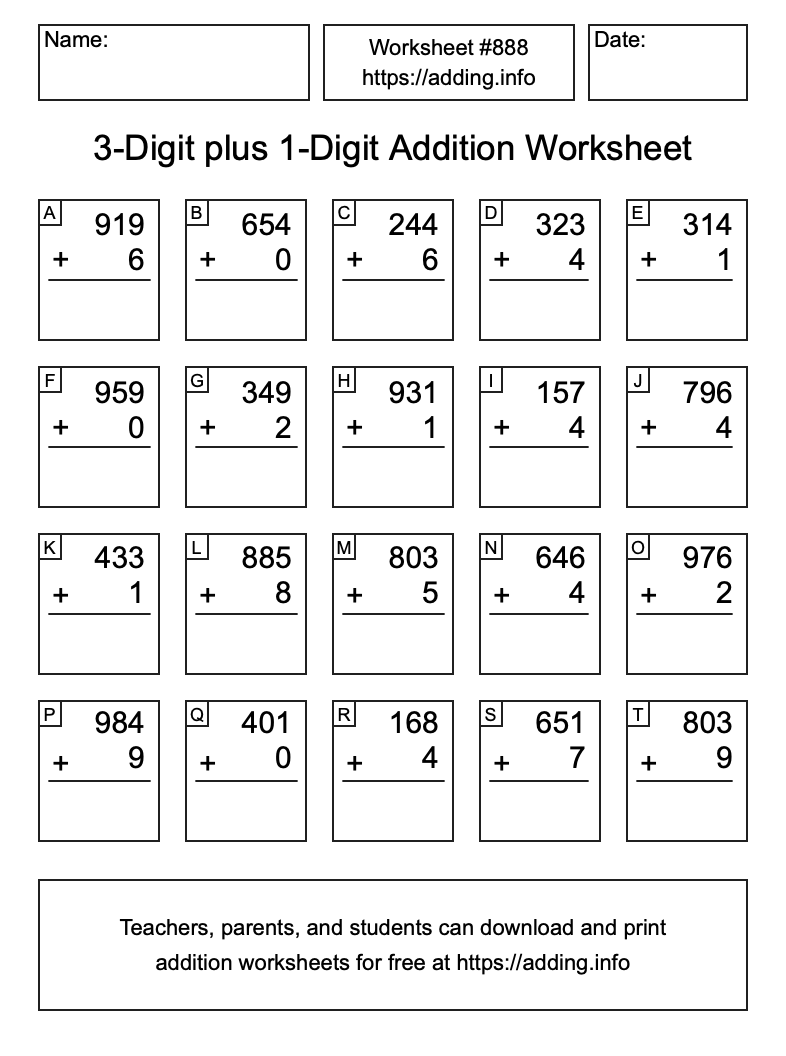 Addition Worksheet #888 (3-Digit plus 1-Digit)