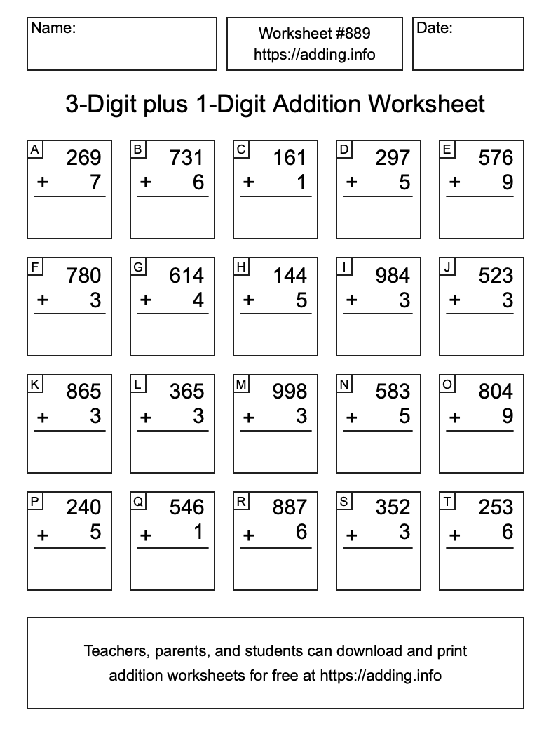 Addition Worksheet #889 (3-Digit plus 1-Digit)