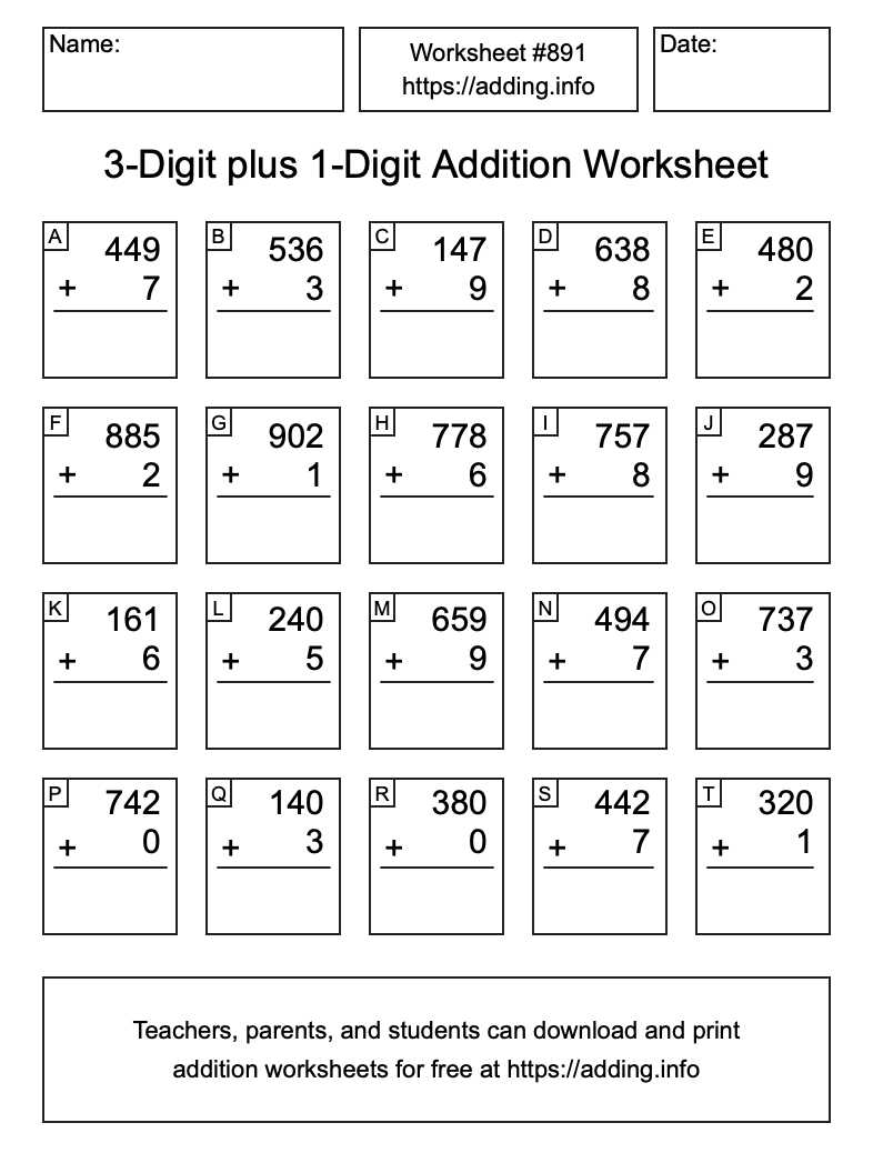 Addition Worksheet #891 (3-Digit plus 1-Digit)
