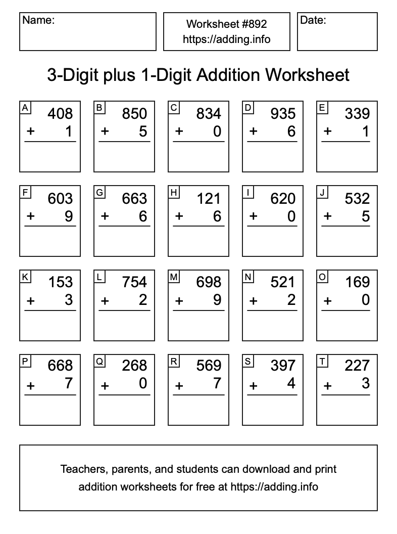 Addition Worksheet #892 (3-Digit plus 1-Digit)