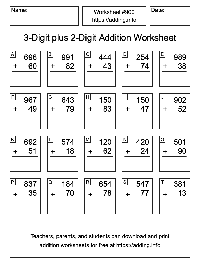 Addition Worksheet #900 (3-Digit plus 2-Digit)