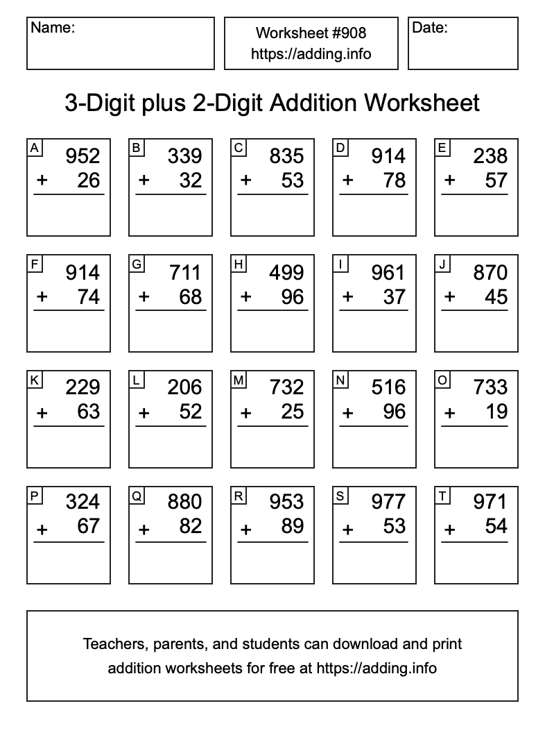 Addition Worksheet #908 (3-Digit plus 2-Digit)