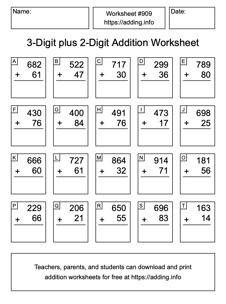 Addition Worksheet #909 (3-Digit plus 2-Digit)