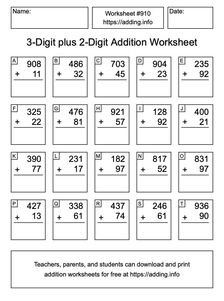 Addition Worksheet #910 (3-Digit plus 2-Digit)