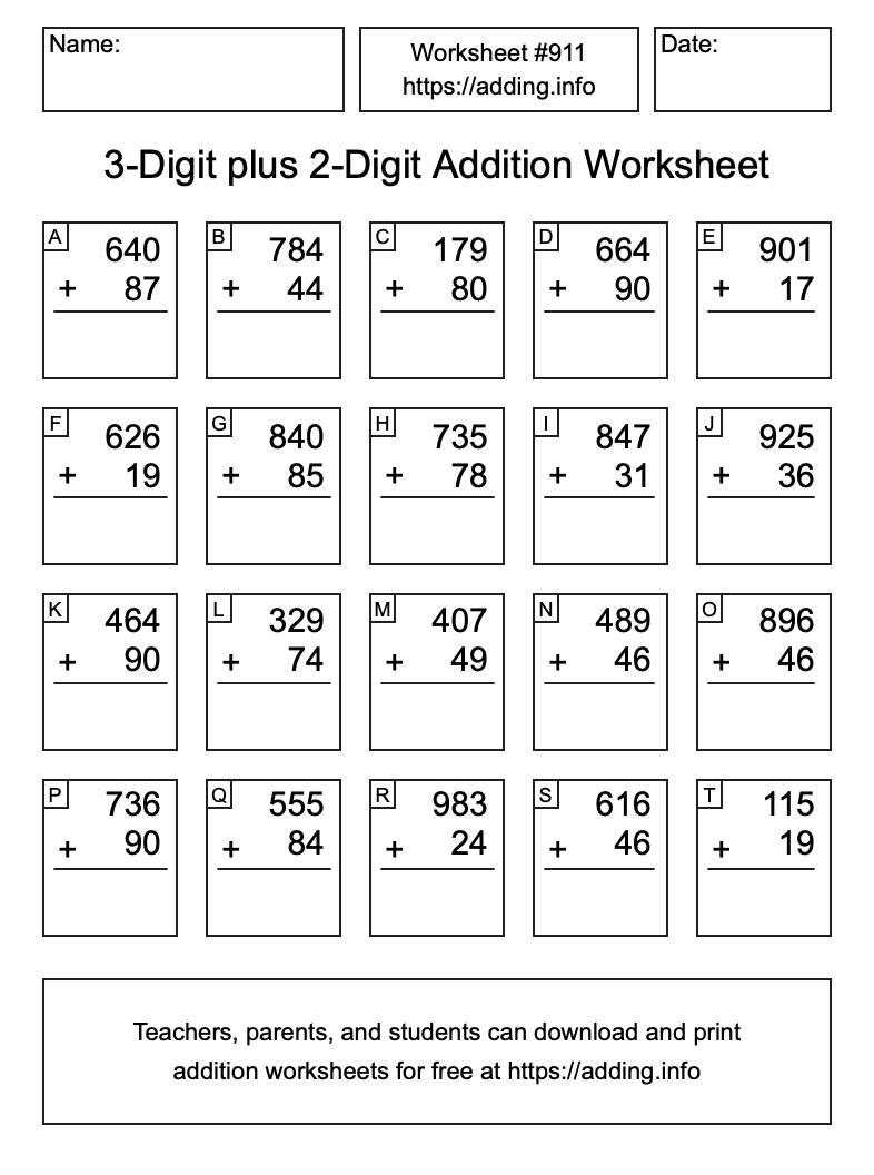 Addition Worksheet #911 (3-Digit plus 2-Digit)