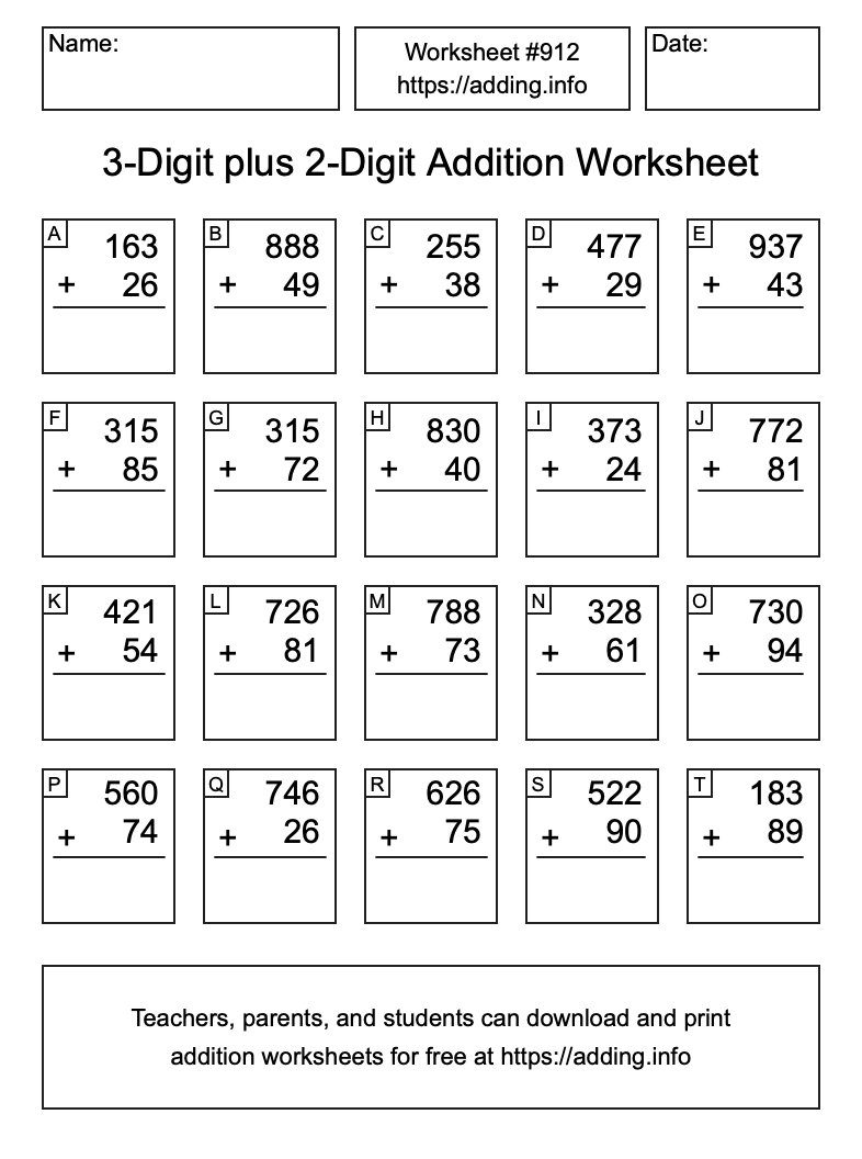 Addition Worksheet #912 (3-Digit plus 2-Digit)