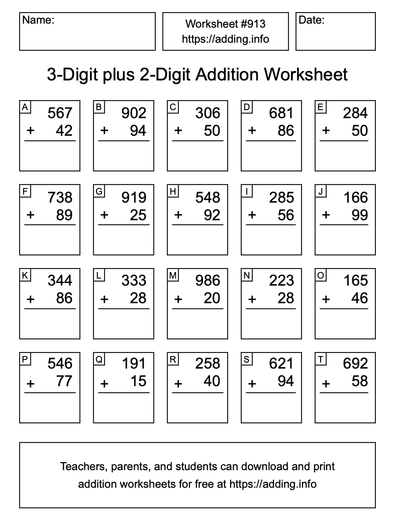 Addition Worksheet #913 (3-Digit plus 2-Digit)