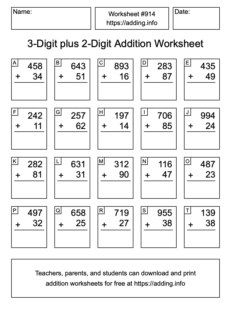 Addition Worksheet #914 (3-Digit plus 2-Digit)